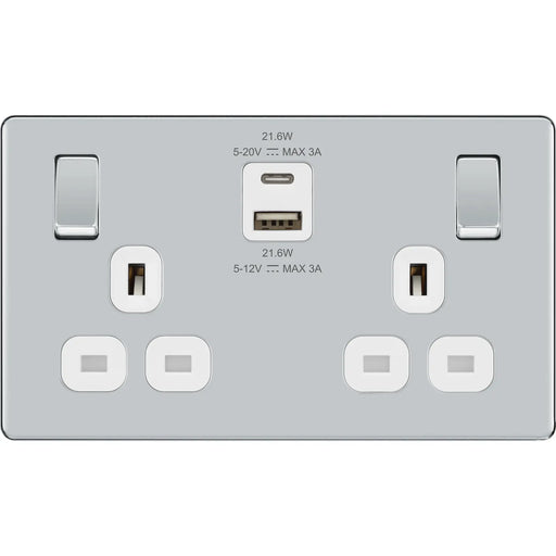 BG Electrical Flatplate Screwless Polished Chrome - Double switched single pole, with USB A + C (22W)