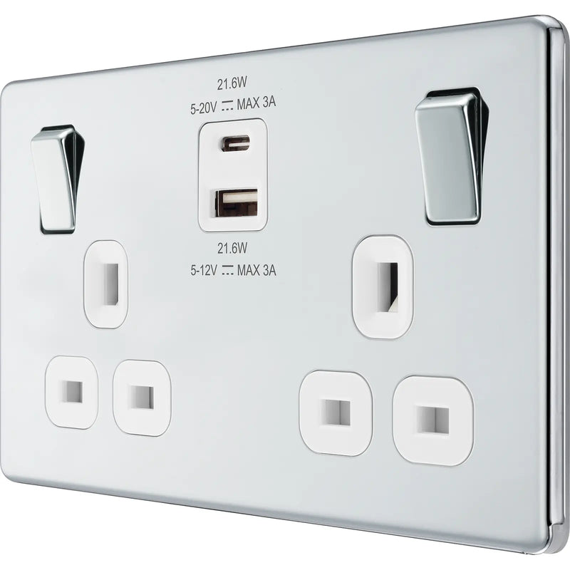 BG Electrical Flatplate Screwless Polished Chrome - Double switched single pole, with USB A + C (22W)
