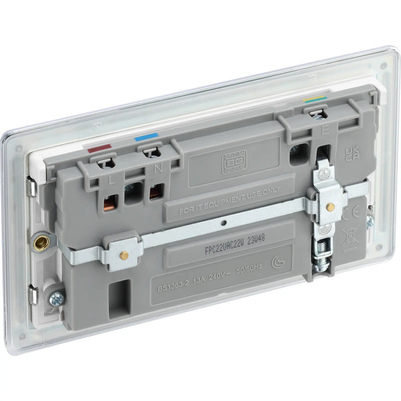 BG Electrical Flatplate Screwless Polished Chrome - Double switched single pole, with USB A + C (22W)