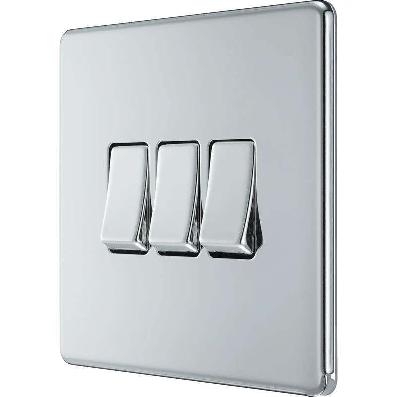 BG Electrical Flatplate Screwless Polished Chrome - Triple, 2 way switch