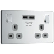 BG Electrical Flatplate Screwless Polished Chrome - Double switched, single pole, with 2 x USB A