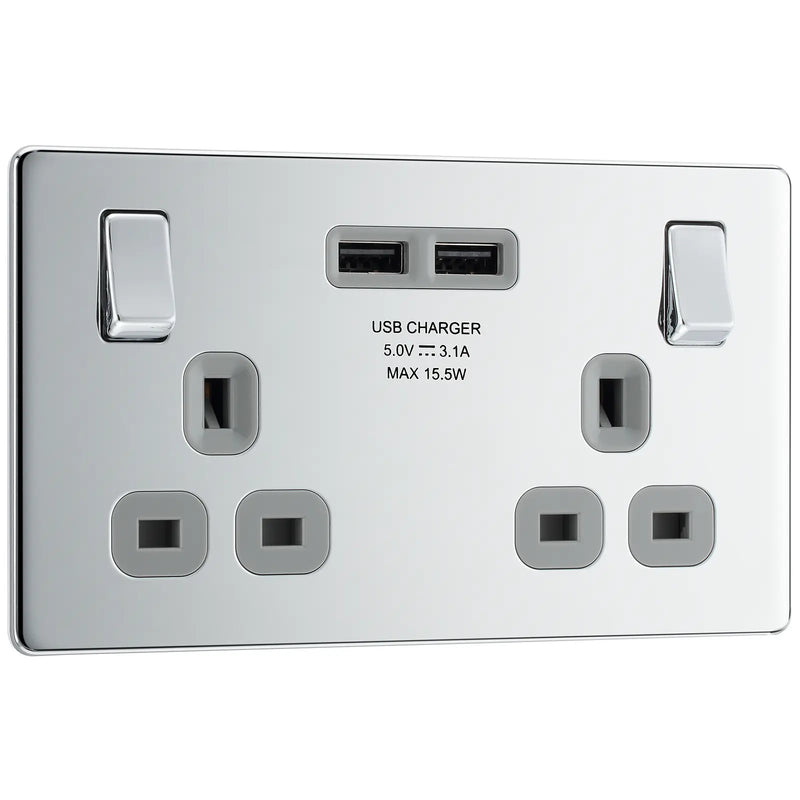 BG Electrical Flatplate Screwless Polished Chrome - Double switched, single pole, with 2 x USB A