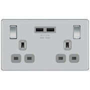 BG Electrical Flatplate Screwless Polished Chrome - Double switched, single pole, with 2 x USB A