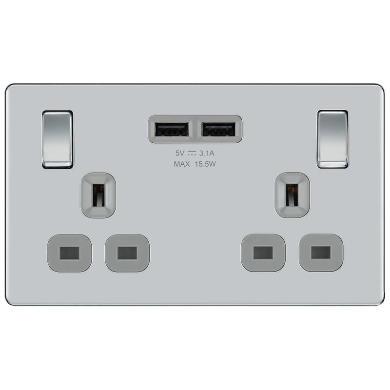 BG Electrical Flatplate Screwless Polished Chrome - Double switched, single pole, with 2 x USB A