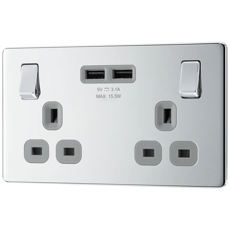 BG Electrical Flatplate Screwless Polished Chrome - Double switched, single pole, with 2 x USB A