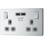 BG Electrical Flatplate Screwless Polished Chrome - Double switched, single pole, with 2 x USB A