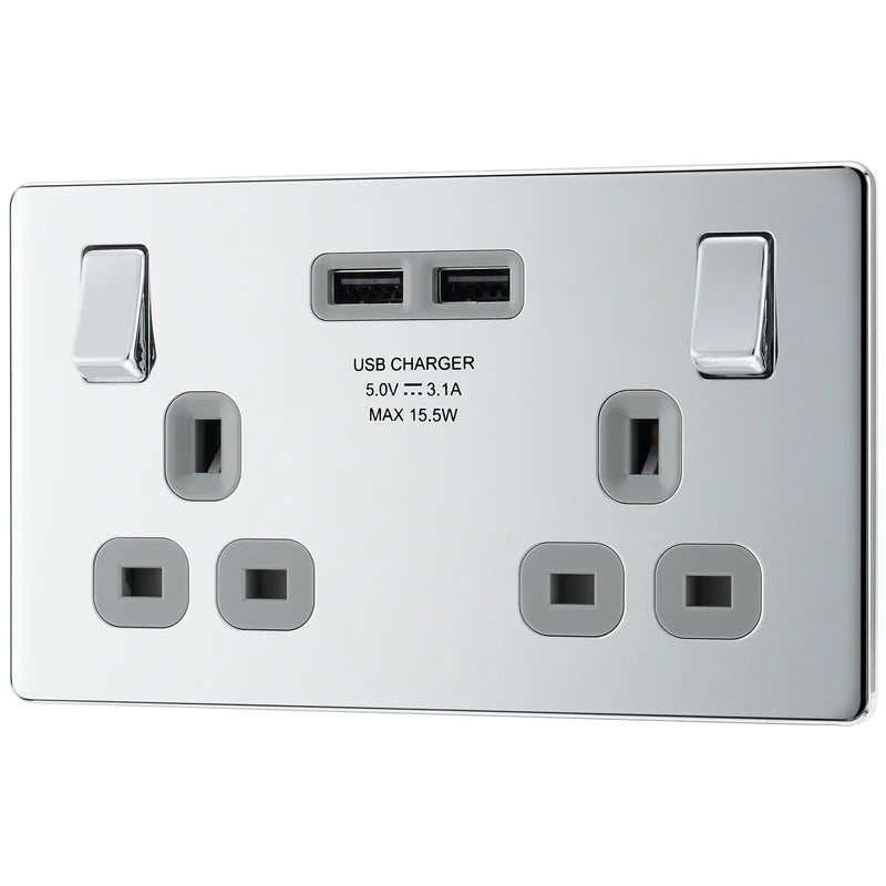 BG Electrical Flatplate Screwless Polished Chrome - Double switched, single pole, with 2 x USB A