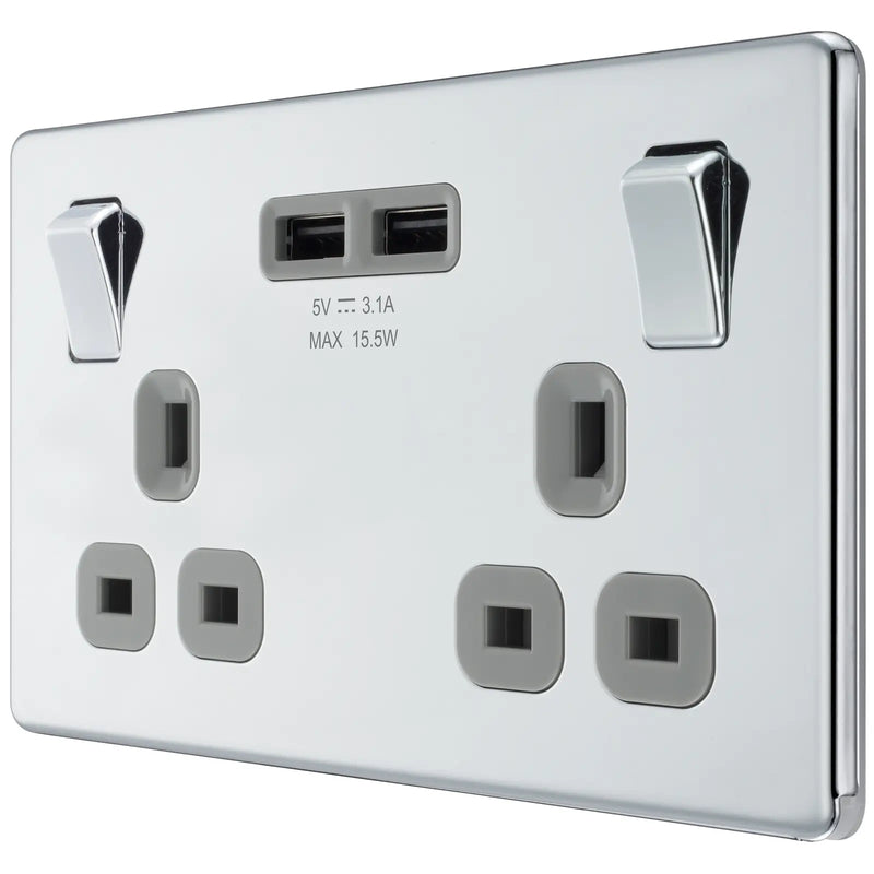 BG Electrical Flatplate Screwless Polished Chrome - Double switched, single pole, with 2 x USB A