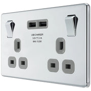 BG Electrical Flatplate Screwless Polished Chrome - Double switched, single pole, with 2 x USB A