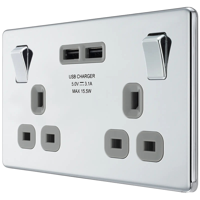 BG Electrical Flatplate Screwless Polished Chrome - Double switched, single pole, with 2 x USB A