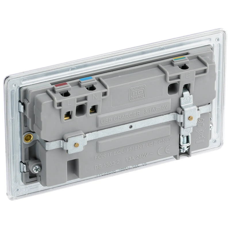BG Electrical Flatplate Screwless Polished Chrome - Double switched, single pole, with 2 x USB A