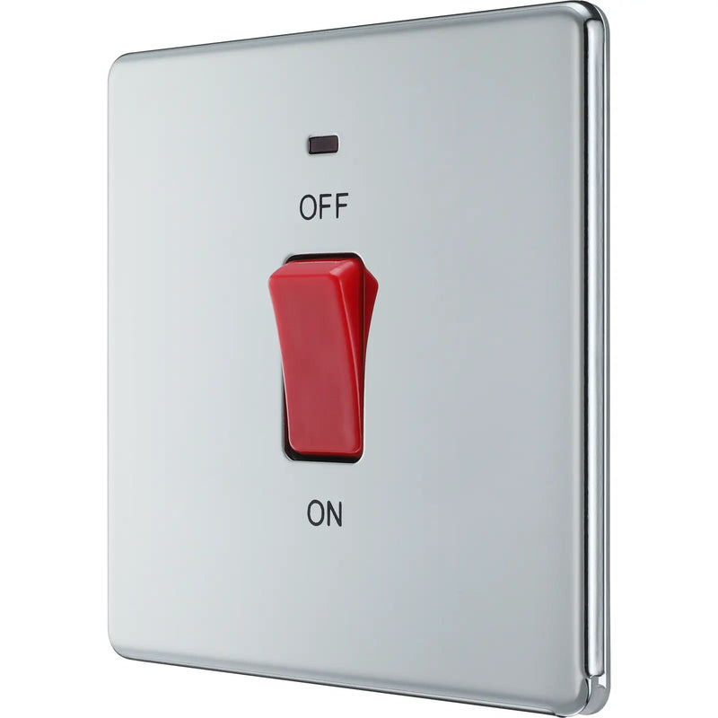 BG Electrical Flatplate Screwless Polished Chrome - 45A, double pole, single plate, with indicator