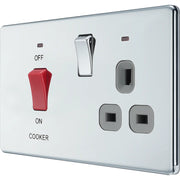 BG Electrical Flatplate Screwless Polished Chrome - 45A double pole, with switched socket and indicators