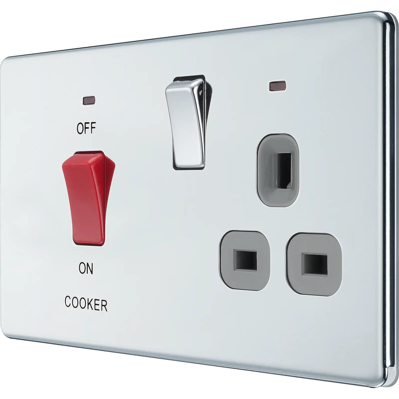 BG Electrical Flatplate Screwless Polished Chrome - 45A double pole, with switched socket and indicators