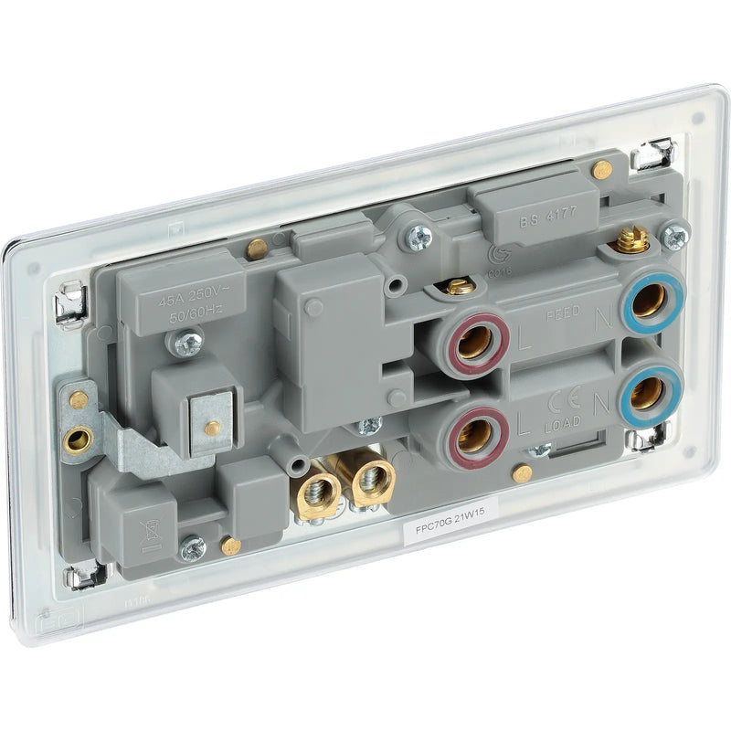 BG Electrical Flatplate Screwless Polished Chrome - 45A double pole, with switched socket and indicators