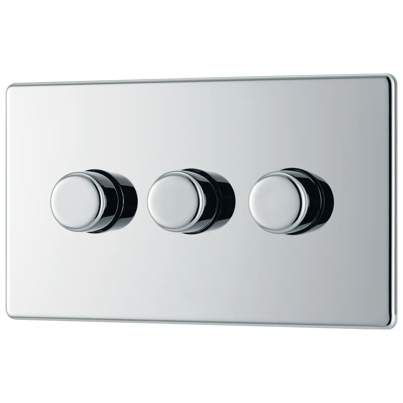 BG Electrical Flatplate Screwless Polished Chrome - Triple, 2 way push 200W