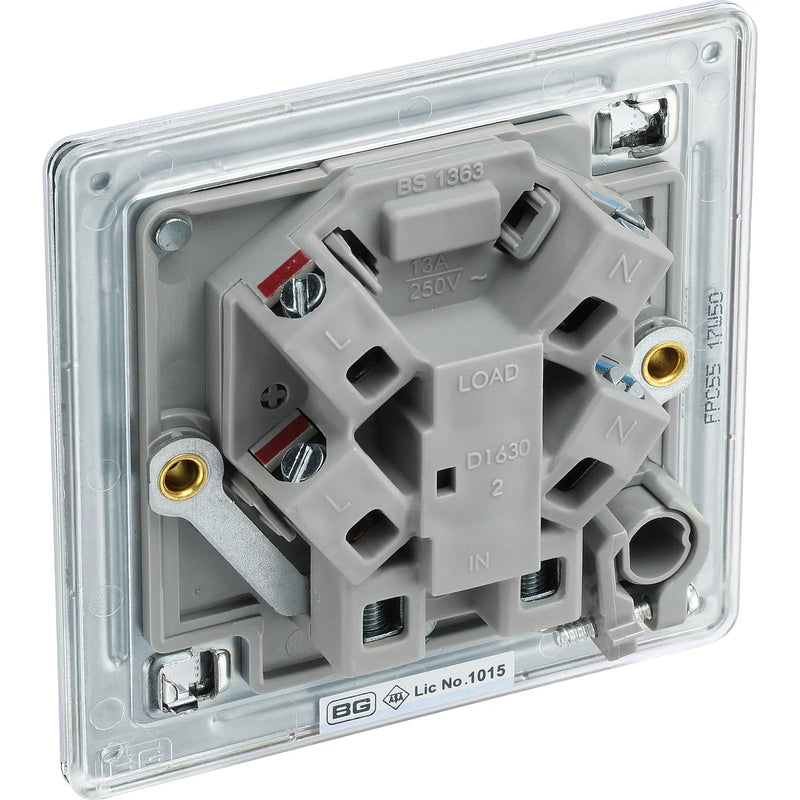 BG Electrical Flatplate Screwless Polished Chrome - Unswitched and fused with flex outlet