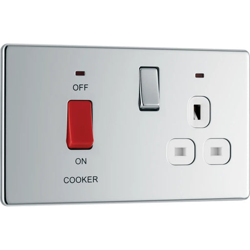 BG Electrical Flatplate Screwless Polished Chrome - 45A double pole, with switched socket and indicators