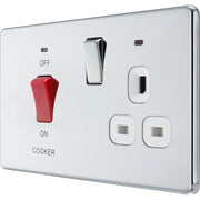 BG Electrical Flatplate Screwless Polished Chrome - 45A double pole, with switched socket and indicators