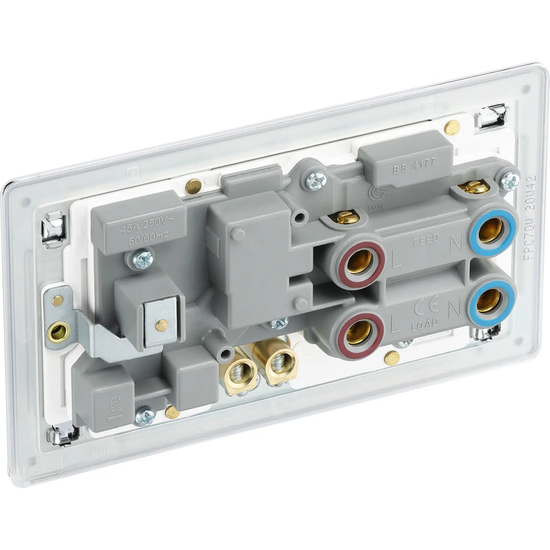 BG Electrical Flatplate Screwless Polished Chrome - 45A double pole, with switched socket and indicators