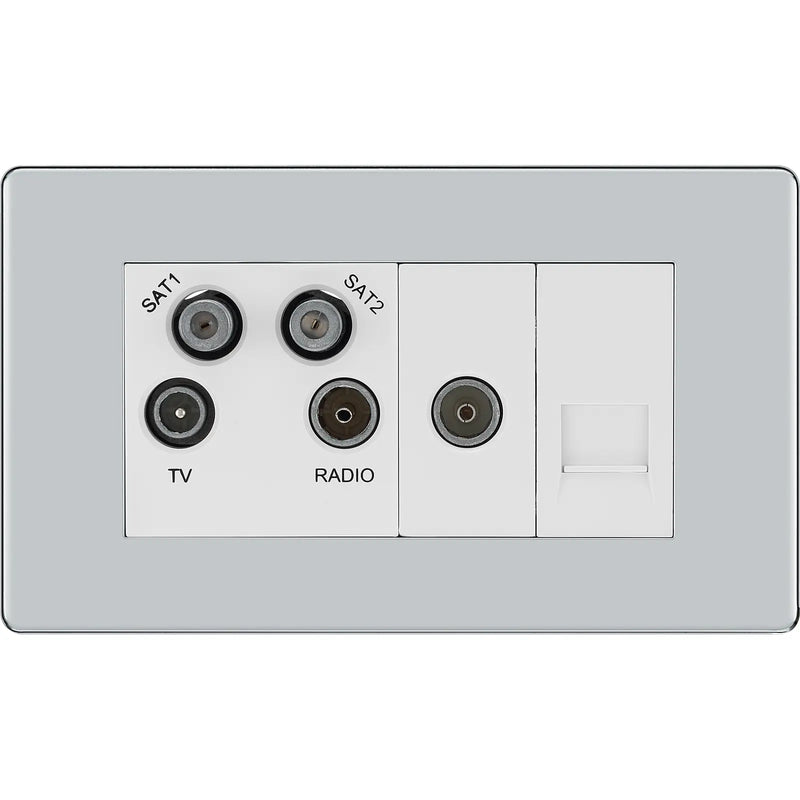 BG Electrical Flatplate Screwless Polished Chrome - Quadplex, 2 x sat, BT outlet and co-ax returned - screened