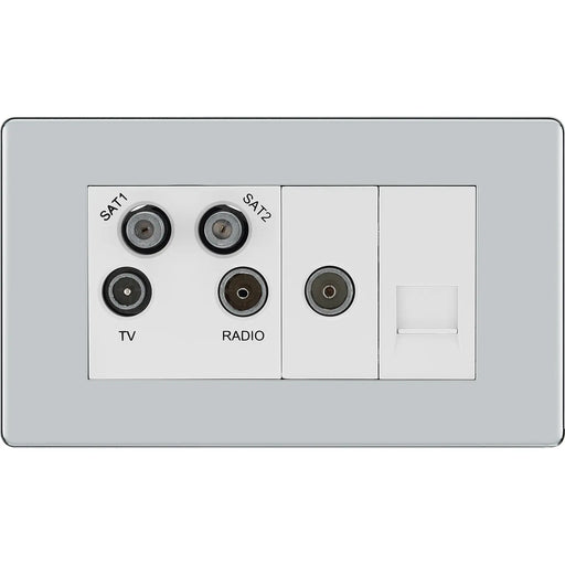 BG Electrical Flatplate Screwless Polished Chrome - Quadplex, 2 x sat, BT outlet and co-ax returned - screened