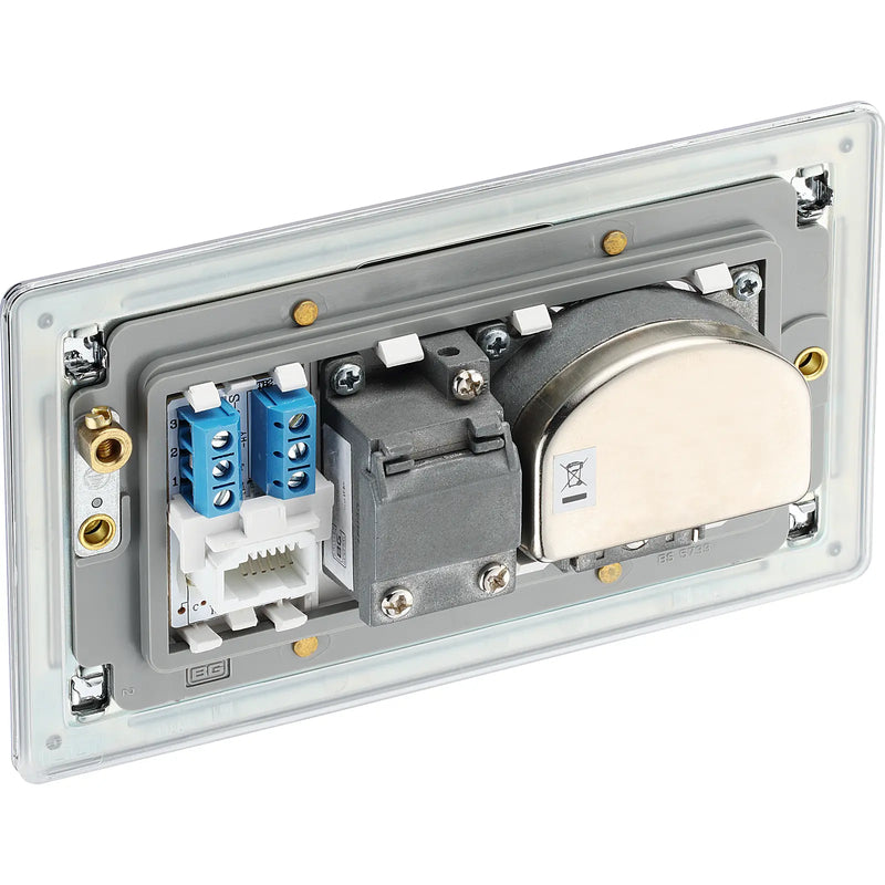 BG Electrical Flatplate Screwless Polished Chrome - Quadplex, 2 x sat, BT outlet and co-ax returned - screened
