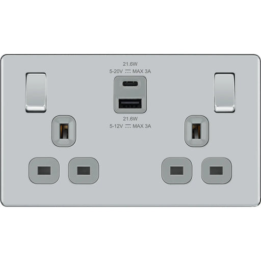 BG Electrical Flatplate Screwless Polished Chrome - Double switched single pole, with USB A + C (22W)