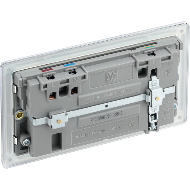 BG Electrical Flatplate Screwless Polished Chrome - Double switched single pole, with USB A + C (22W)