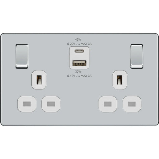 BG Electrical Flatplate Screwless Polished Chrome - Double switched single pole, with USB A + C (45W)