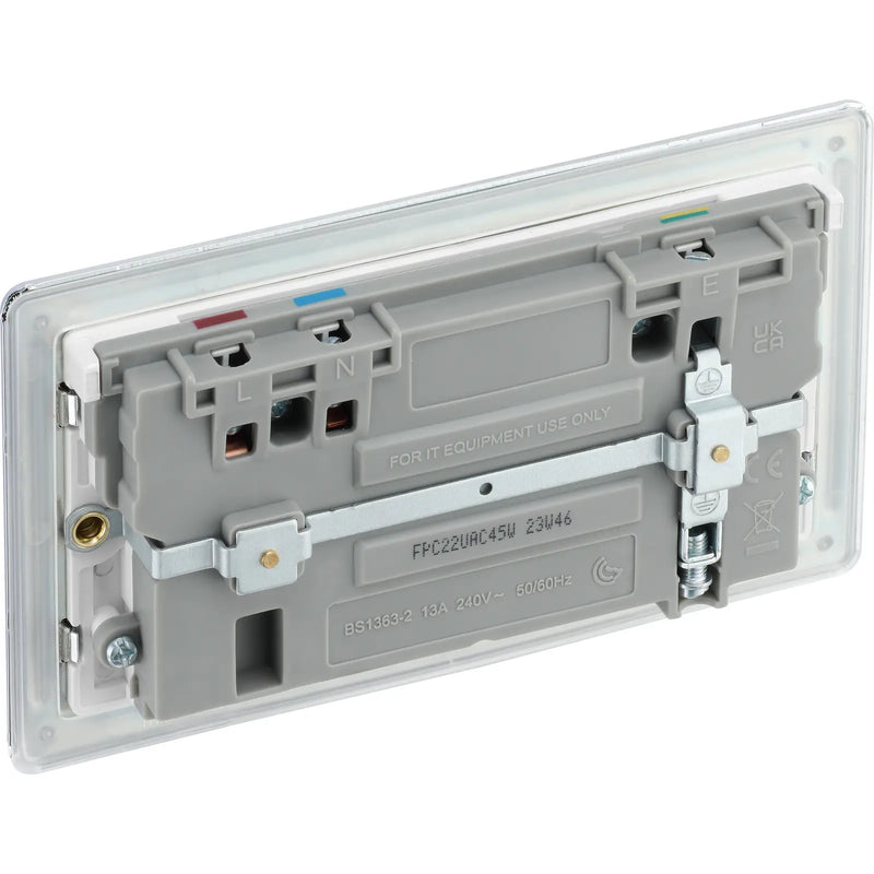 BG Electrical Flatplate Screwless Polished Chrome - Double switched single pole, with USB A + C (45W)
