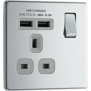 BG Electrical Flatplate Screwless Polished Chrome - Single switched, single pole, with 2 x USB A