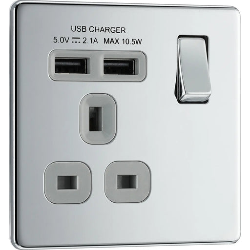 BG Electrical Flatplate Screwless Polished Chrome - Single switched, single pole, with 2 x USB A