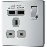 BG Electrical Flatplate Screwless Polished Chrome - Single switched, single pole, with 2 x USB A