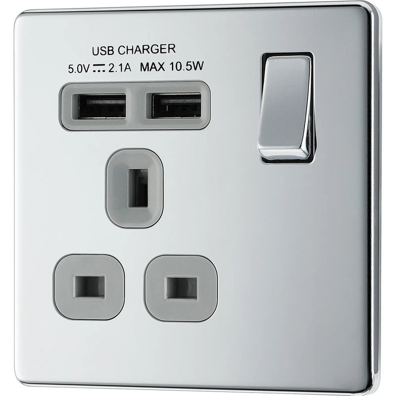 BG Electrical Flatplate Screwless Polished Chrome - Single switched, single pole, with 2 x USB A