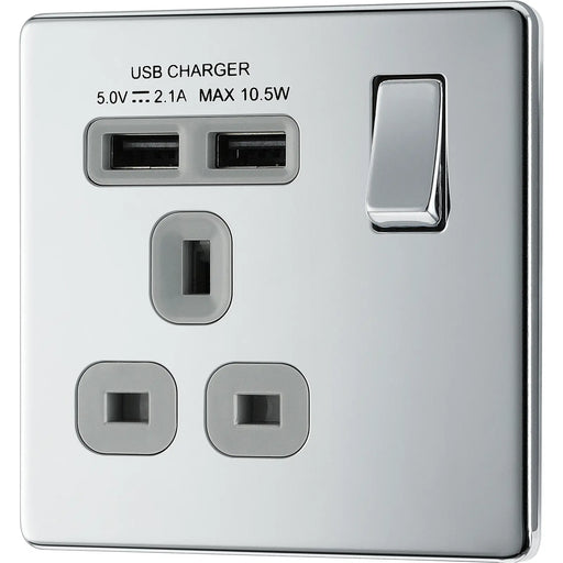 BG Electrical Flatplate Screwless Polished Chrome - Single switched, single pole, with 2 x USB A