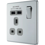 BG Electrical Flatplate Screwless Polished Chrome - Single switched, single pole, with 2 x USB A