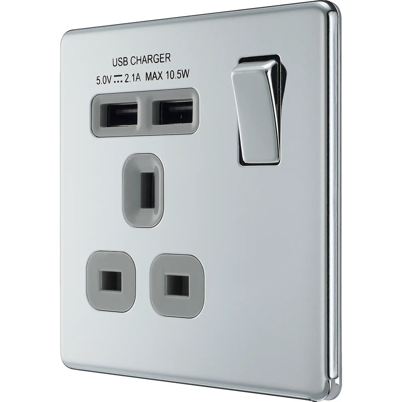 BG Electrical Flatplate Screwless Polished Chrome - Single switched, single pole, with 2 x USB A