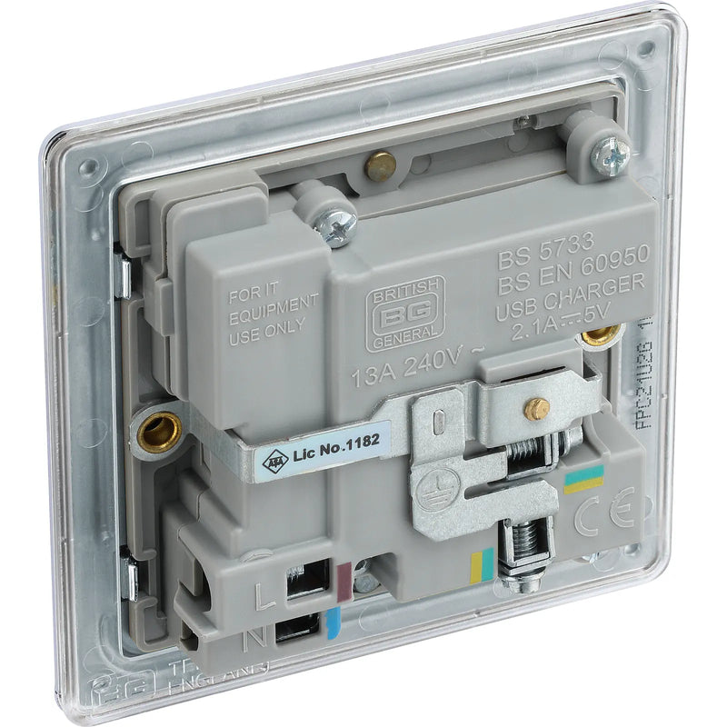 BG Electrical Flatplate Screwless Polished Chrome - Single switched, single pole, with 2 x USB A
