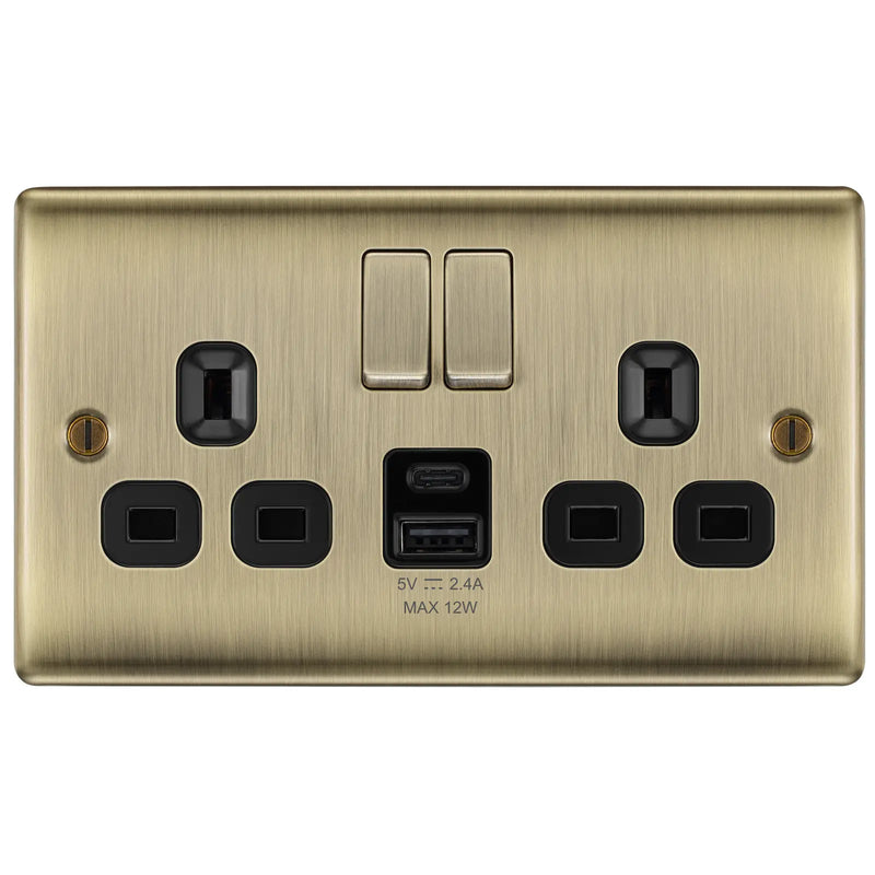 BG Electrical Nexus Metal Antique Brass - Double switched single pole, with USB A + C (12W)