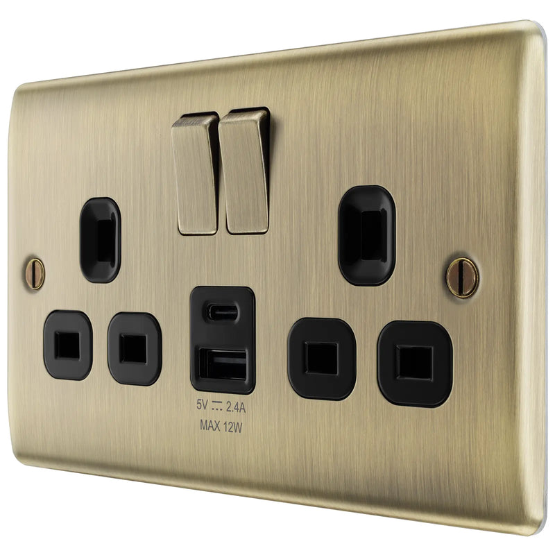 BG Electrical Nexus Metal Antique Brass - Double switched single pole, with USB A + C (12W)