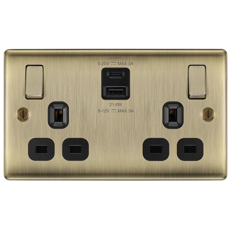 BG Electrical Nexus Metal Antique Brass - Double switched single pole, with USB A + C (22W)