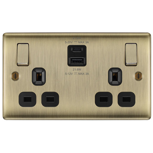 BG Electrical Nexus Metal Antique Brass - Double switched single pole, with USB A + C (22W)
