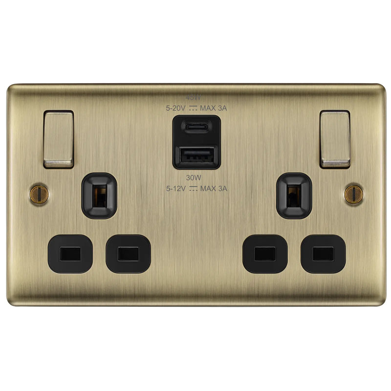BG Electrical Nexus Metal Antique Brass - Double switched single pole, with USB A + C (45W)