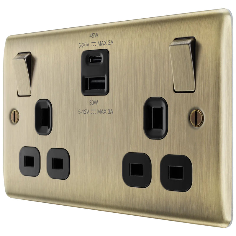 BG Electrical Nexus Metal Antique Brass - Double switched single pole, with USB A + C (45W)
