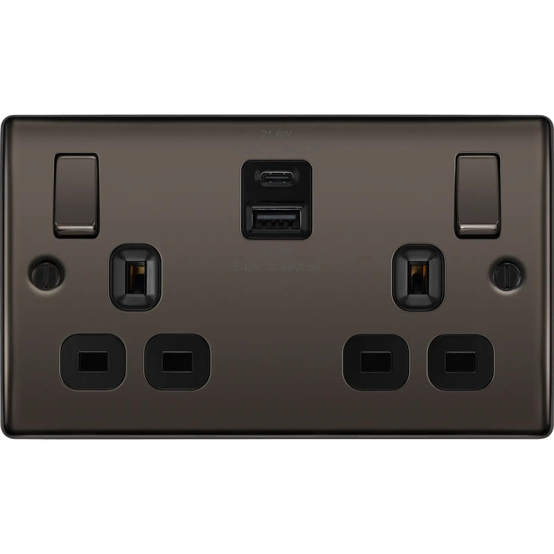 BG Electrical Nexus Metal Black Nickel - Double switched single pole, with USB A + C (22W)