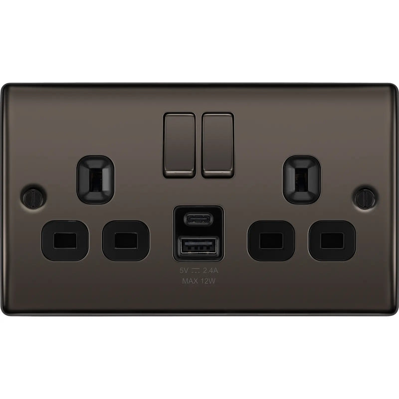 BG Electrical Nexus Metal Black Nickel - Double switched single pole, with USB A + C (12W)