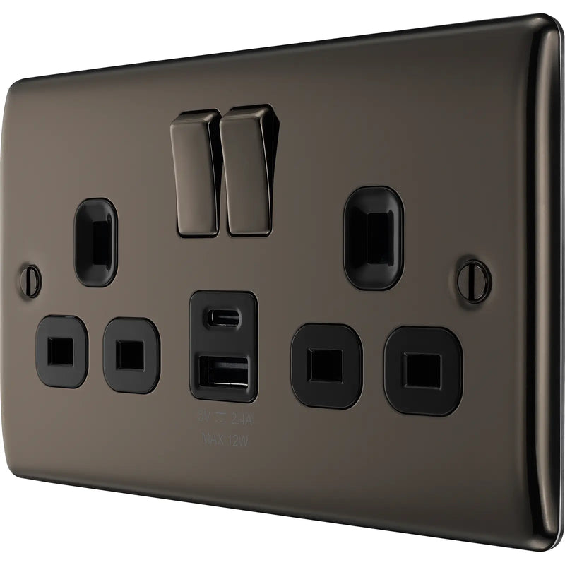 BG Electrical Nexus Metal Black Nickel - Double switched single pole, with USB A + C (12W)