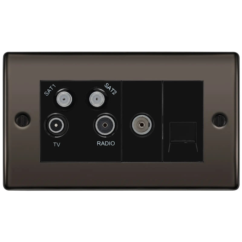 BG Electrical Nexus Metal Black Nickel - Quadplex, 2 x sat, BT outlet and co-ax returned - screened