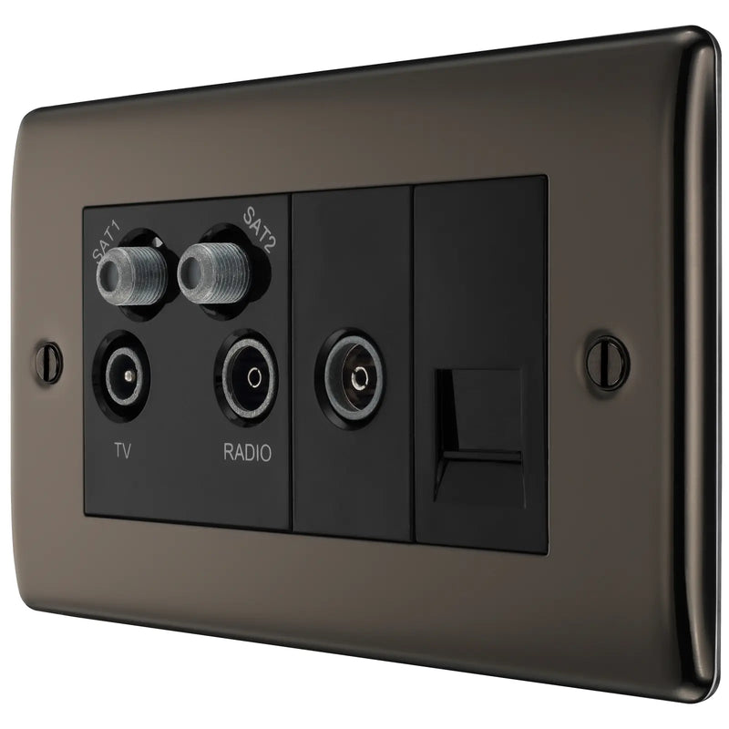 BG Electrical Nexus Metal Black Nickel - Quadplex, 2 x sat, BT outlet and co-ax returned - screened